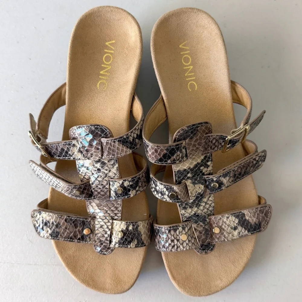 Vionic Womens Radia Snake Print Wedge Sandals Strappy Orthotic Brown Size 8 Wide